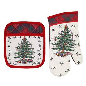 B09gw5drpl Spode Christmas Tree Tartan Oven Mitt And Pot Holder Set - Holiday Decor