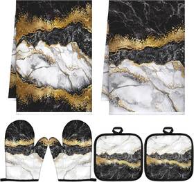 Pr-sratte-2630 Sratte 6 Pcs Farmhouse Marble Kitchen Towels Pot Holders Oven Black Gold