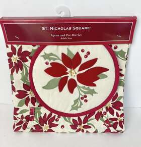 St. Nicholas Square 400883584091 New Apron And Pot Mitt Set Christmas Adult Poinsettia Flower