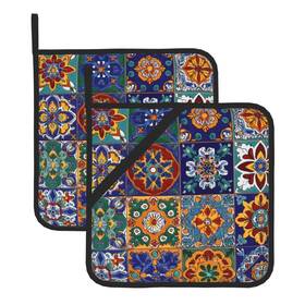 Potholdersui-93 Suleyan Boho Talavera Mexican Tiles Pot Holder Set Of 2 Mandala Heat Resistant Pothol