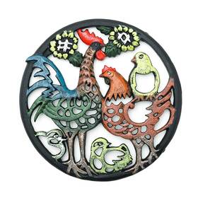 Sungmor 971189701573 Cast Iron Round Trivet With Coloured Chicken Family Rustproof Decorative Table S