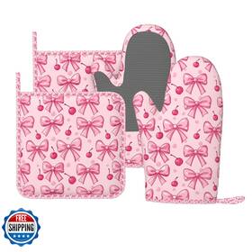 B0f83tsdcg Supluchom Oven Mitts Pot Holders Set Pink Bows Cherry Silicone Kitchen Gloves