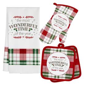 Byoba-linen-5pc The Become Your Own Boss Academy Christmas Plaid Kitchen Linen Set Of 4- Red Green Check Oven Mitt Pot Holders