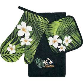 The Islander Group 791344503134 Hawaii 3 Piece Kitchen Set Towel And Potholder Oven Mitt Plumeria Palm