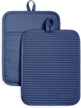Town & Country 028332753579 Kitchenaid Ribbed Soft Silicone Pot Holder 2-pack Set Blue Willow 7 Inch X9