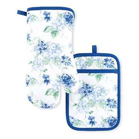 St018342tdms Town & Country Living Amber Floral Oven Mitt And Pot Holder Set 2-pack/green Om 7 Inch X13 Ph Blue