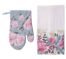 Te00271 Transpac Blue And Pink Floral Oven Mitt Tea Towel Set Lot Of 2 Sets Nwt
