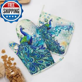 B0cfxgxgzq Trejuky Peacocks And Flowers Oven Mitts Pot Holders Set Heat Resistant