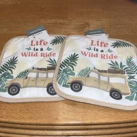 True Living 848405090604 Nwt Two Pot Holders Life Is A Wild Ride 8 Inch X Palms And Truck