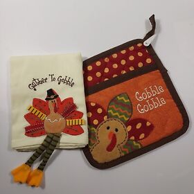 110545 Turkey With Hanging Legs Kitchen Towel And Oven Mitt Thanksgiving Gather To Gobble