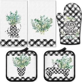 Umigy 313109535510 5 Pcs Buffalo Plaid Oven Mitts Pot Holders Dish Towels Set Including 2 Farmh