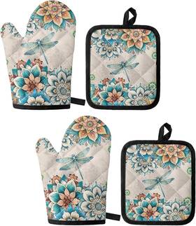 Uniceu 313103895894 Boho Floral Dragonfly Kitchen Oven Mitts And Pot Holders Set Non Slip