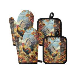 B0d75sh5sg Uniceu Rooster Oven Mitts And Potholders Set Of 4 Sunflower Chicken Kitchen