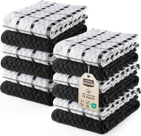 Utopia Towels 197703003091 12 Pack Kitchen 15x25 Cotton Dish Black White Absorbent Set