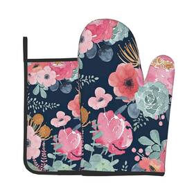 5l3v-gm Uynfident Pink Flower Navy Blue Kitchen Oven Mitten And Potholder One Size Floral