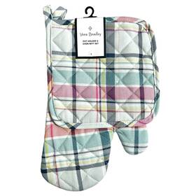 Vb121 Vera Bradley Pot Holder And Oven Mitt Set New Nwt Pastel Plaid Country Farmhouse