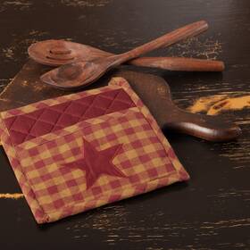 51155 Vhc Brands Burgundy Star Pot Holder 8x8 Checked Fabric Loop