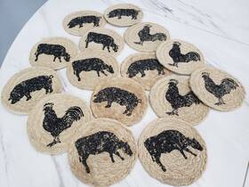 51206 Vhc Brands Brand Coasters Cumberland Jute Rustic 4in Set Of 15 Cow Chicken Pig Hen Farm