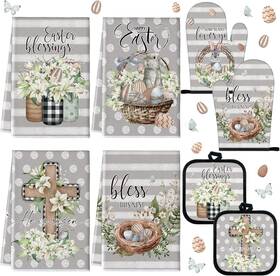 Lua-vitalcozy-1049 Vitalcozy 8 Pcs Easter Kitchen Towels Oven Mitts And Pot Holder Sets Gray White
