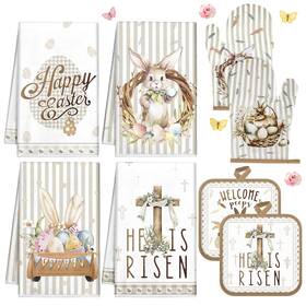 Lua-vitalcozy-1051 Vitalcozy 8 Pcs Easter Kitchen Towels Oven Mitts And Pot Holder Sets Happy Wood Col