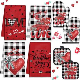 Lua-vitalcozy-307 Vitalcozy 8 Pcs Valentines Day Kitchen Towels Oven Mitts And Pot Red Black White
