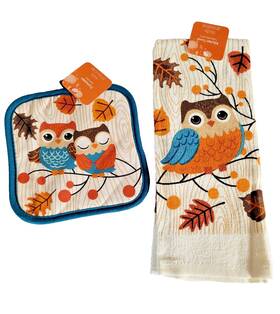 Women Owned 825540079848 Fall Leaves And Owls Kitchen Towel With Potholder Set Autumn Decor 2-piece Combo