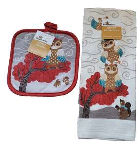 Hv68-040-210-33 Womens Owned Harvest Owls 2pc Set Kitchen Towel And Red Quilted Potholder