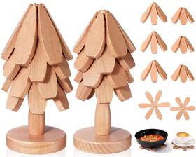 Min-wonderjune-1467 Wonderjune Tree Coasters Set Of 8 Wooden Trivets For Hot Dishes 2 Sizes Foldable