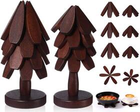 Min-wonderjune-1468 Wonderjune Tree Coasters Set Of 8 Wooden Trivets For Hot Dishes 2 Sizes Foldable