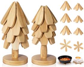 Min-wonderjune-1469 Wonderjune Tree Coasters Set Of 8 Wooden Trivets For Hot Dishes 2 Sizes Foldable Shape