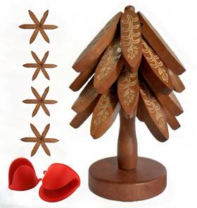 Woodenqueen 762949422496 Wooden Trivets For Hot Dishes Tree Shape Trivet Set 4 Walnut Wood 1 Stand