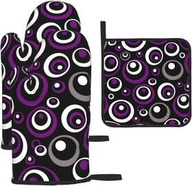 Xenithra 445020387312 Purple Black White Retro Circular Oven Mitts And Pot Holders Sets Of 3 Heat Resis