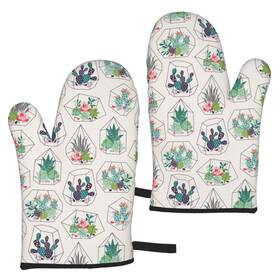 Yaateeh 160168358690 Cactus With Succulents Oven Mitts Waterproof Non Slip Heat Resistant Kitchen Glo