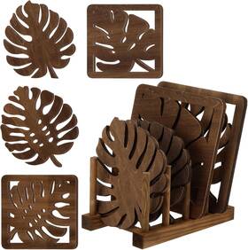 Tz-yerliker-1149 Yerliker 5 Pcs Monstera Leaf Wooden Trivets For Hot Dishes With Storage Rack Hea
