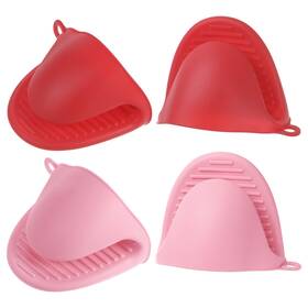Zaplyte 724117666491 4pcs Mini Silicone Oven Mitts For Cooking Baking Gloves Red Pink