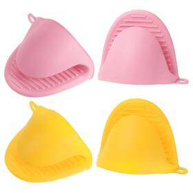 Zaplyte 724117666637 4pcs Mini Silicone Oven Mitts For Cooking Baking Gloves Yellow Pink