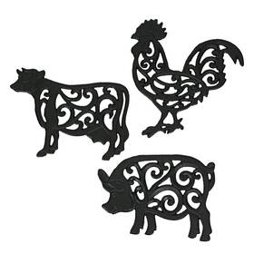 Zeckos 810045992983 Set Of 3 Black Cast Iron Farm Animal Kitchen Decor Trivets - Rooster Pig And