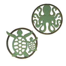 Dw74088 Zeckos Charming Cast Iron Trivet Set Nautical Octopus And Sea Turtle Design Verdigris