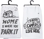 New Primitives By Kathy Set Of 2 Cotton Dish Towels, Park And Happy Campers. Fixed Price $13.99.