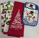 Christmas Kitchen Towels Pot Holder Set Snowman Red Truck Merry Bright Holiday. Fixed Price $19.99.