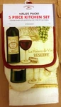 5 Pc Set: 2 Pot Holders, Towels & 1 Oven Mitt, Wine Grapes La Maison By. Fixed Price $14.99.