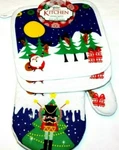 The Great Holiday Kitchen Christmas 3-PC Pot Holders And Oven Mitt. Fixed Price $14.98.