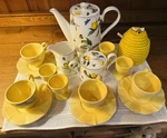 Porcelain Coffee Set For 4, Honey Pot, Egg Holders, 4TEACUPS, Espresso. Fixed Price $145.00.