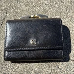 Vtg Bosca Mini Wallet Card Holder Hand Stained Hide Black Leather Kiss Lock Coin. Fixed Price $25.00.