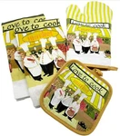 5PC SET:2 Pot HOLDERS,1 Oven Mitt & TOWELS,3 Fat Chefs, Love Cook Market,hs. Fixed Price $14.99.