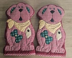 Set Of 2 Vintage Franco 100% Cotton Red Gingham Puppy Dog Kitchen Oven Mitt. Fixed Price $29.99.