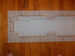 Heritage Lace Ice Blue Antique Battenburg Nip Table Runner Item 6090. Fixed Price $13.99.