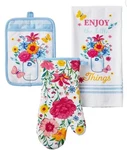 New 3 Pc. Pioneer Woman Flowering Frontier Kitchen Towel Oven Mitt Set. Fixed Price $9.99.