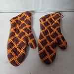 Vintage Set Of 2 Oven Mitts Pot Holders Brown With Orange/yellow Plaid. Fixed Price $16.00.