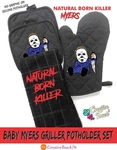Baby Michael Myers Oven Mitt, Kitchen Towel, And Pot Holder Set Custom Made. Fixed Price $23.99.